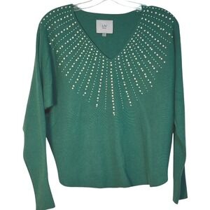 LIV Milano Sweater Pullover Green Embellished V Neck Long‎ Sleeve Knit Sweater M